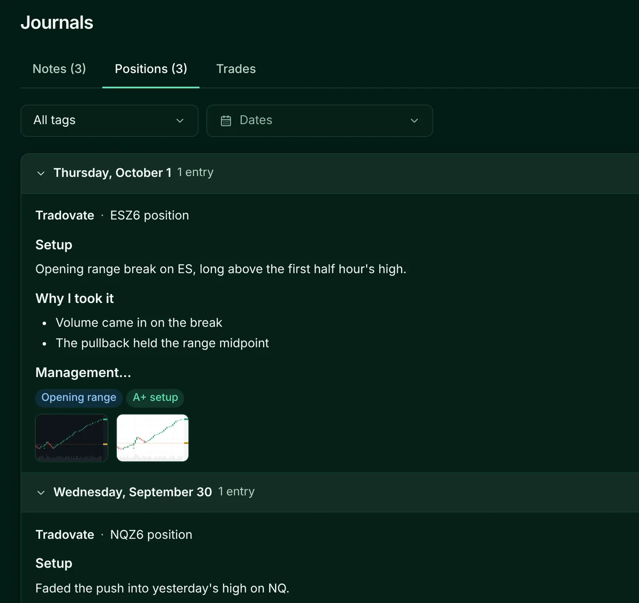 The Journal's Positions tab: an ES position entry for October 1 in the sections Setup, Why I took it and Management, tagged Opening range and A+ setup, with two chart screenshots, then an NQ position entry for September 30.