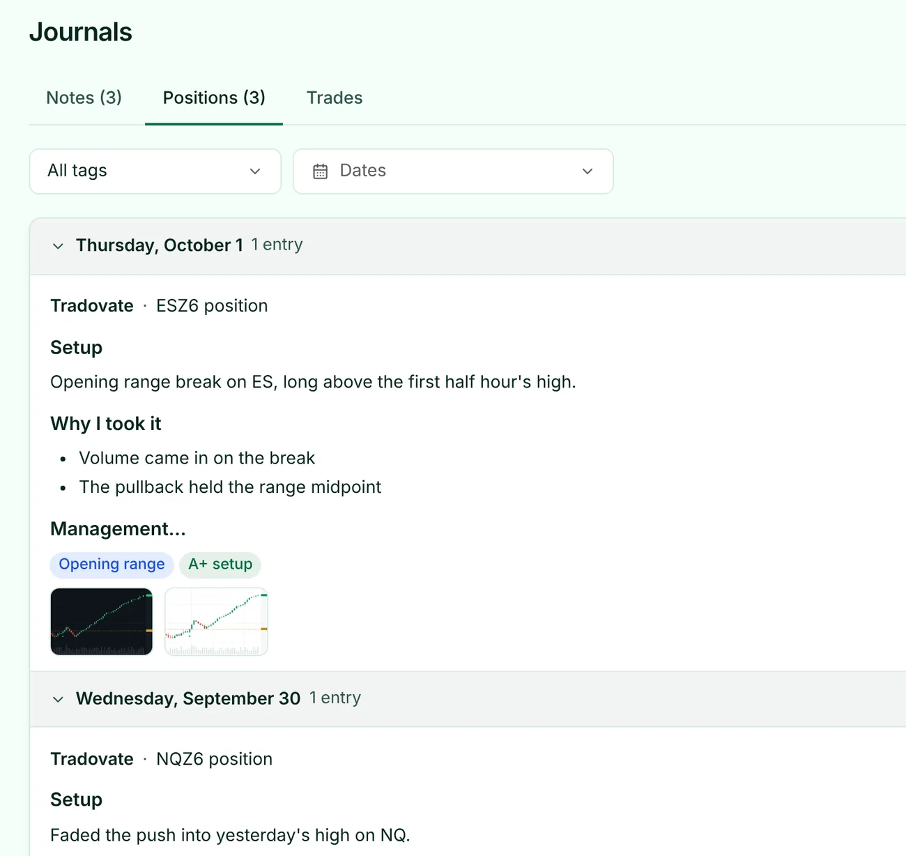 The Journal's Positions tab: an ES position entry for October 1 in the sections Setup, Why I took it and Management, tagged Opening range and A+ setup, with two chart screenshots, then an NQ position entry for September 30.